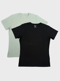 Black t-shirt and light blue t-shirt stacked on a white background