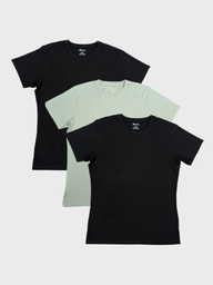 Three black and light blue t-shirts on a white background