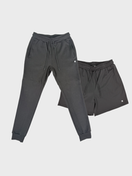 Gray sweatpants and shorts set on a light gray background