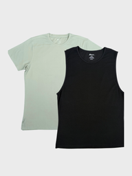 Black sleeveless shirt and light blue t-shirt on a white background