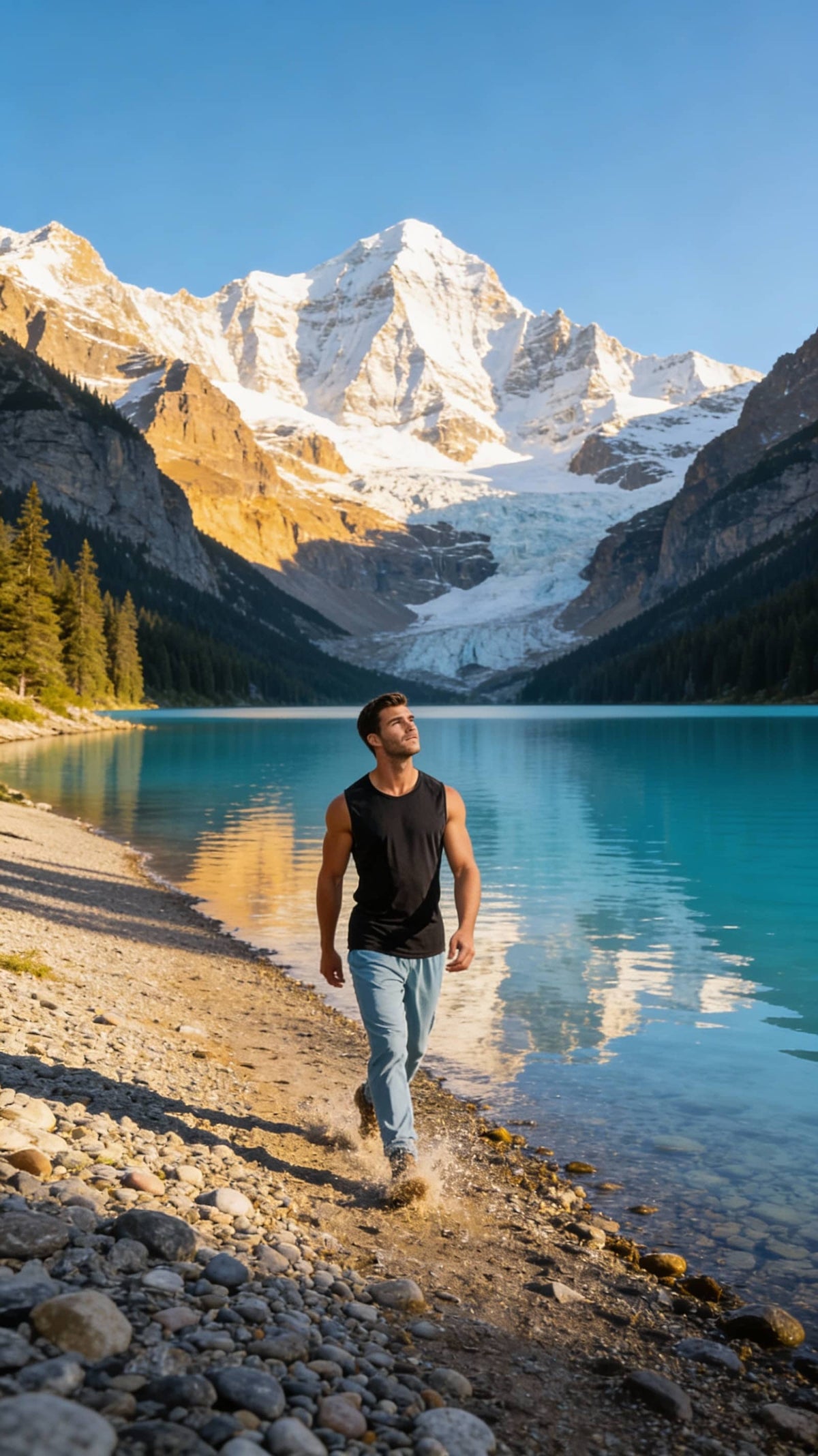 Man walking along a lakeside with a mountain and glacier in the background