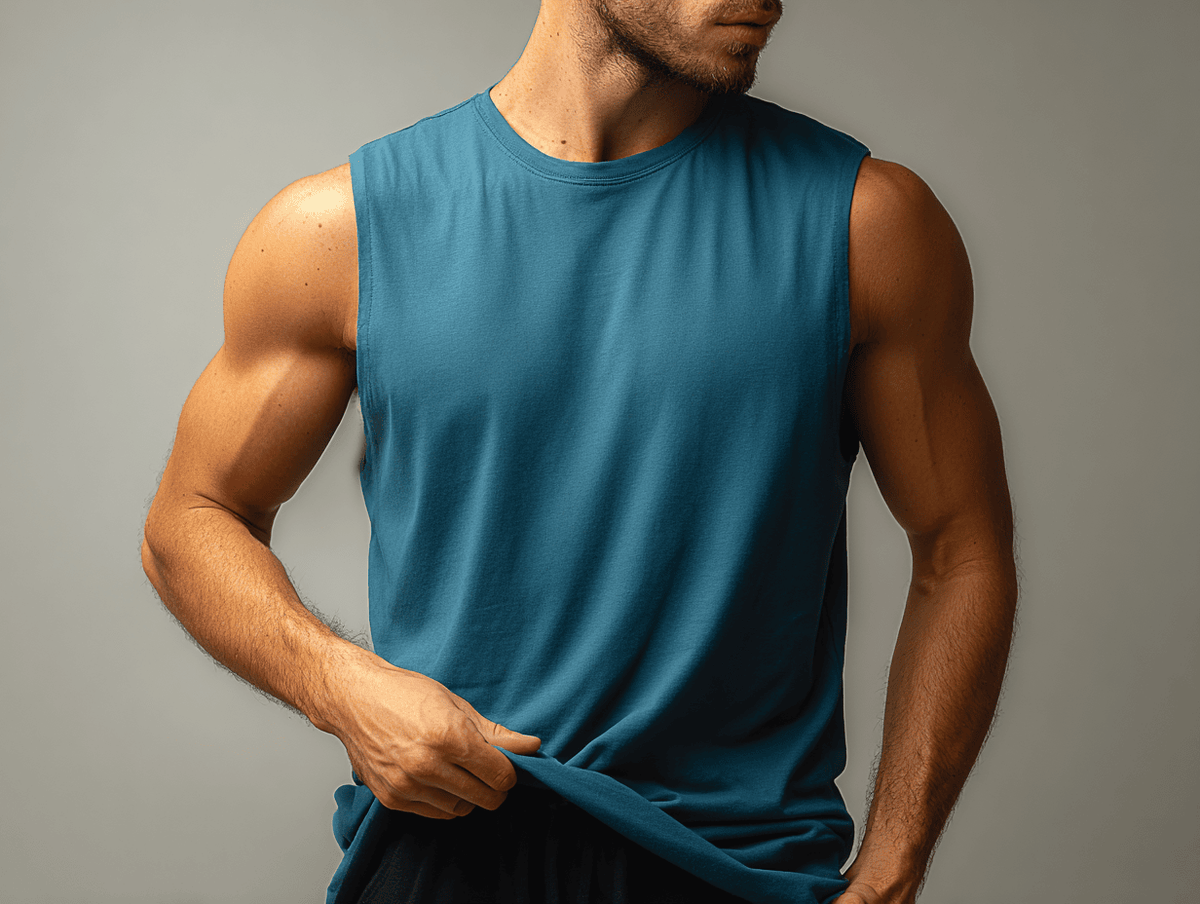 Man wearing a blue sleeveless shirt against a gray background
